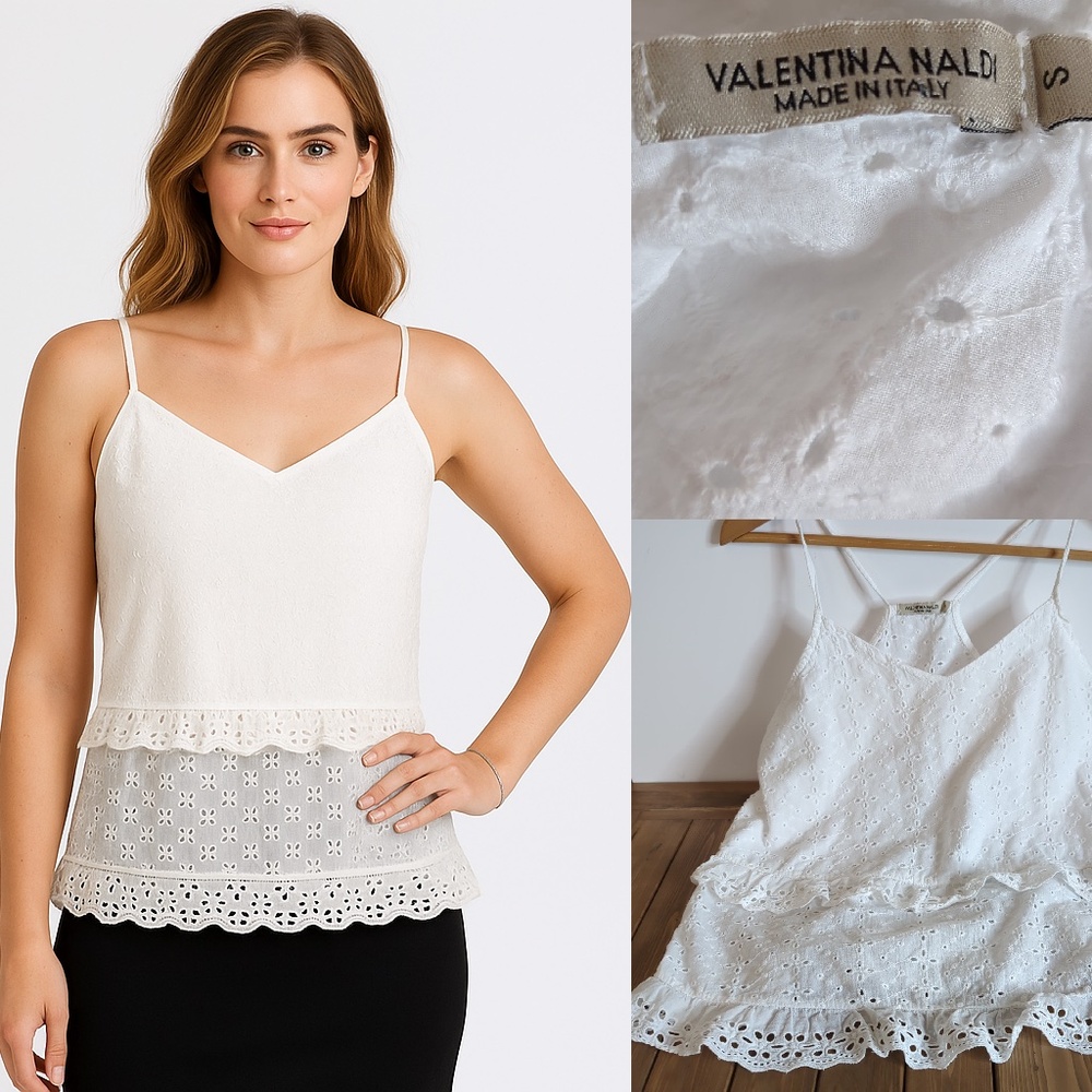 White Cotton Eyelet Ruffle Spaghetti Strap Tank Top